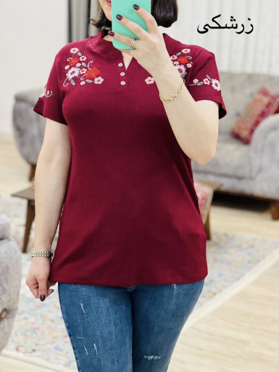 تیشرت یقه دکمه گلدوزی